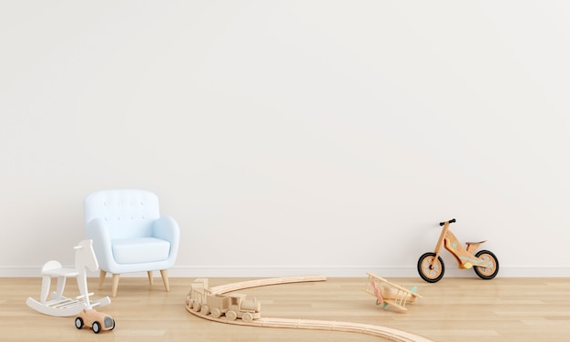 Canapé bleu et jouet à l'intérieur de la chambre d'enfant blanc avec rendu 3D de l'espace de copie