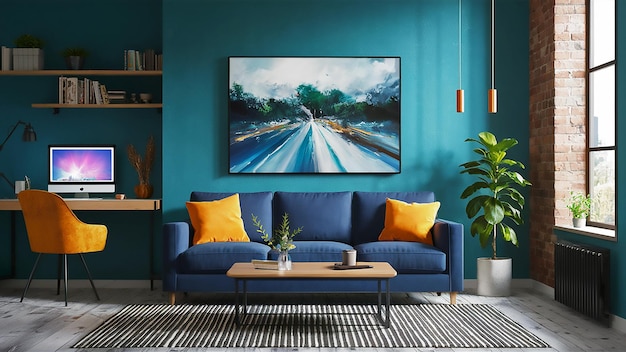 Photo un canapé bleu avec des oreillers jaunes et une peinture sur le mur