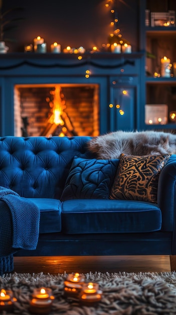 Le canapé bleu près de la cheminée
