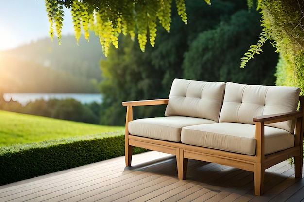 Un canapé en bois sur une terrasse avec un fond vert et un arbre en arrière-plan.