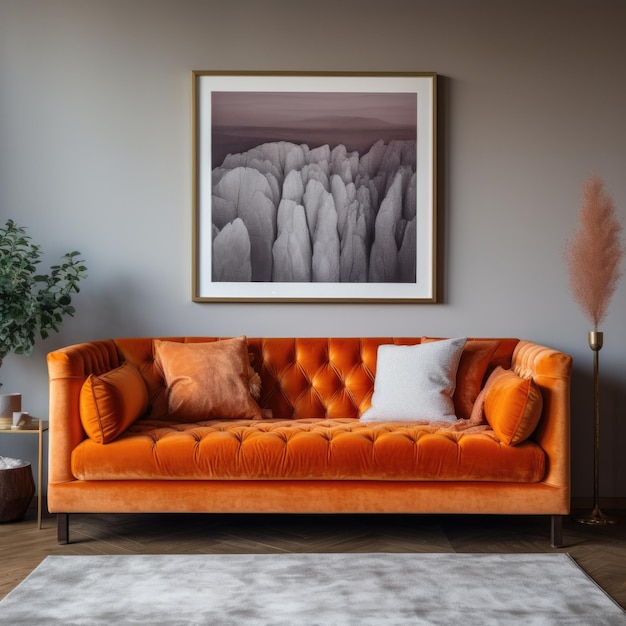 Canapé et cadre en velours touffeté orange sur le mur Design d'intérieur du salon moderne