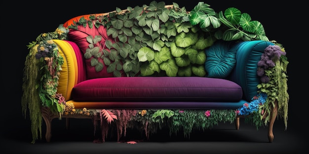Un canapé avec un canapé aux couleurs de l'arc-en-ciel et une plante dessus.