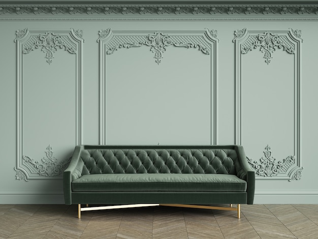 Canapé capitonné vert dans un intérieur vintage classique avec espace de copie. Murs olive pâle avec moulures et corniche décorée. Parquet au sol à chevrons. Rendu 3D