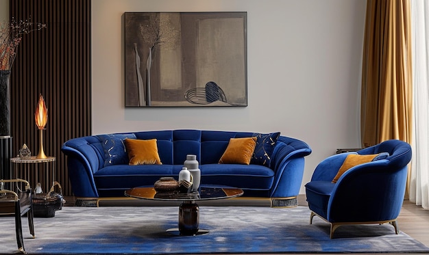Canapé et chaise écologiques en velours bleu à l'élégance intemporelle