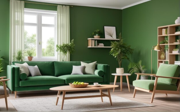 Canapé et chaise verts contre le mur vert avec étagère scandinave conception intérieure de la maison du salon moderne avec de la verdure