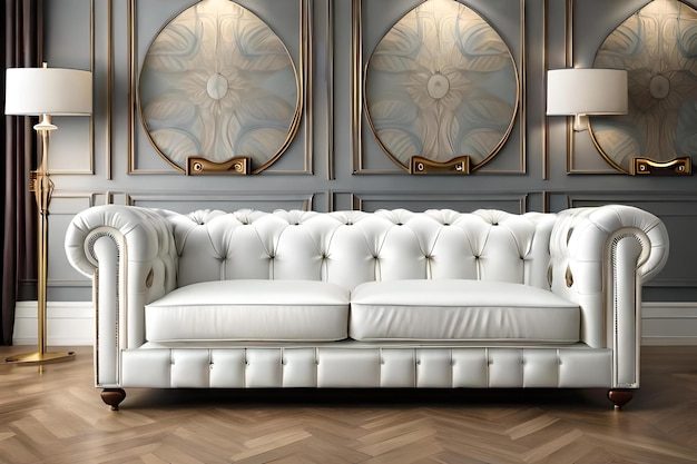 canapé Chesterfield en cuir blanc dans un intérieur de luxe classique