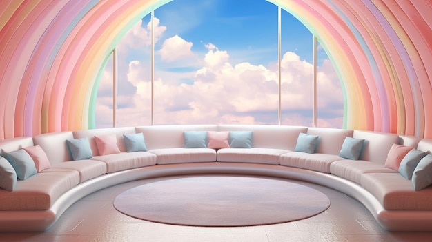 Un canapé circulaire doux de couleur pastel centré dans une pièce surréaliste sur le thème du ciel avec des lignes blanches verticales et un sol réfléchissant.