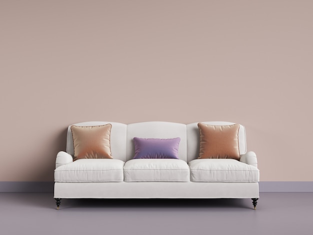 Canapé classique dans une pièce vide. Mur rose, sol violet, gamma pastel. Rendu 3D