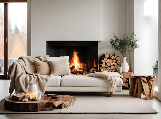 Un canapé confortable avec des coussins et des carreaux dans un intérieur élégant du salon