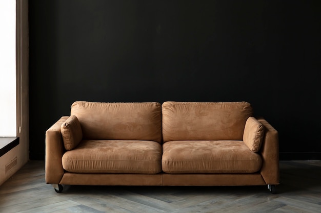 Canapé confortable avec oreillers à l'intérieur d'un salon spacieux vraie photo avec espace de copie