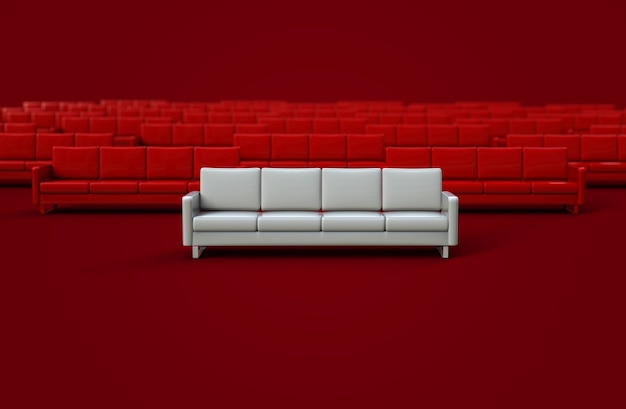 Canapé en cuir blanc isolé sur fond rouge. Rendu 3D