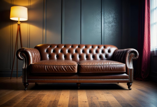 un canapé en cuir brun avec une lampe sur le côté gauche