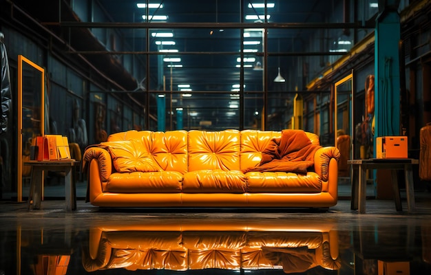 Un canapé en cuir marron devant un cadre jaune