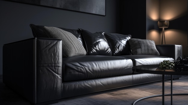 Canapé en cuir noir avec coussins Generative Ai