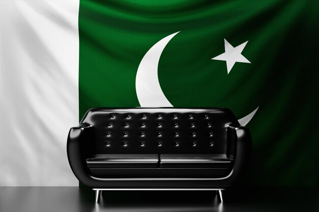 Canapé en cuir noir avec le drapeau national du Pakistan en arrière-plan