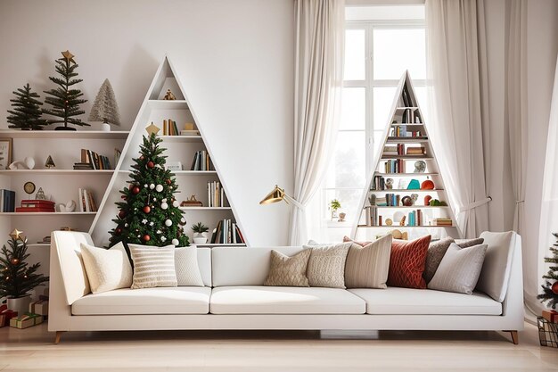 Canapé dans un beau salon de maison blanche et une étagère triangulaire décorée ressemblent à un arbre de Noël à côté d'une fenêtre de décoration intérieure