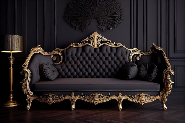 Un canapé dans une pièce sombre avec un canapé doré et noir.