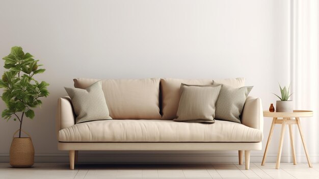 Un canapé dans un salon avec un mur blanc et un coussin beige.