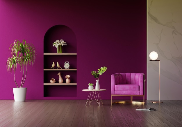 Canapé dans le salon violet avec espace copie