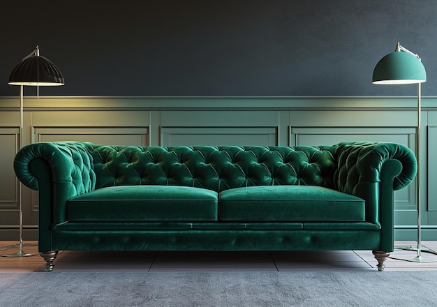 Canapé élégant en velours vert avec finition métallique vibrante