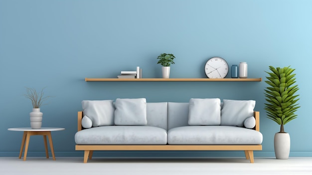 Un canapé et une étagère minimalistes à l'intérieur avec des murs bleus vides