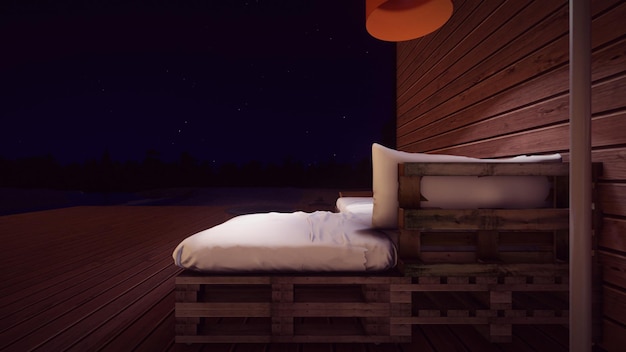 Canapé d'extérieur avec vue sur le ciel nocturne de la forêt noire et les petites étoiles s'allument sur l'illustration 3d