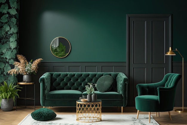 Canapé et fauteuil dans une pièce lumineuse avec un mur vert foncé servant de toile de fond