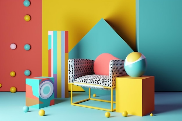 Canapé fauteuil fenêtre memphis home art chambre intérieure géométrique design coloré AI générative