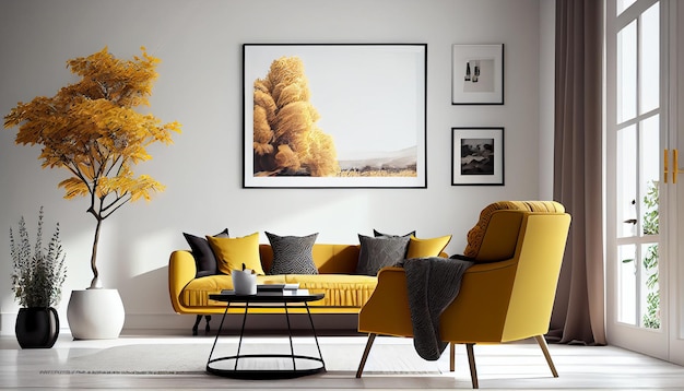 Canapé fauteuil jaune design d'intérieur moderne dans le salon avec et cadre d'affiche maquette