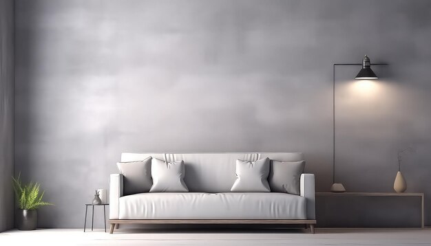 Un canapé gris confortable avec un éclairage chaud avec des murs gris