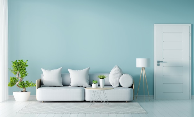 Canapé gris dans le salon bleu avec espace copie