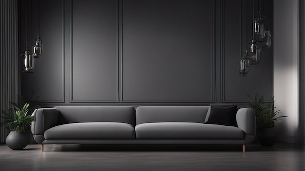 Un canapé gris hyper réaliste avec fond de mur noir 8k