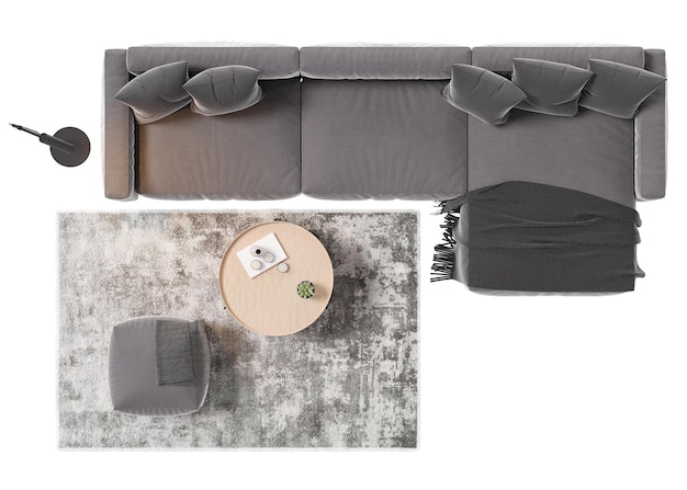 Canapé gris avec pouf de table basse tapis et lampe debout sur fond blanc isolé Vue de dessus Meubles de salon Élément de design d'intérieur moderne Découper le rendu 3D