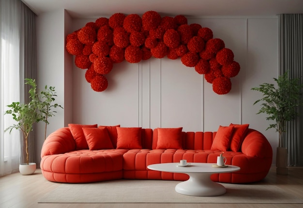 Un canapé incurvé gonflé dans une pièce spacieuse avec un lustre devant le canapé et un vase à fleurs