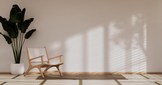 Canapé à l'intérieur tropical de la chambre avec sol en tatami et rendu 3D blanc