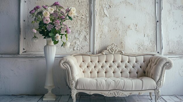 Canapé intérieur vintage avec un vase de fleurs dans le style shabby chic Generative Ai