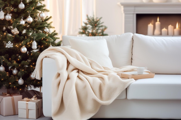 Canapé en ivoire avec jeter confortable près de l'arbre de Noël dans le design d'intérieur d'hiver Hygge
