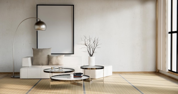 Canapé japonais dans la chambre design tropical japonais et tapis tatami au sol
