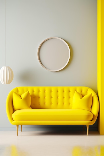 Canapé jaune assis dans le salon à côté du mur du cercle blanc Generative AI