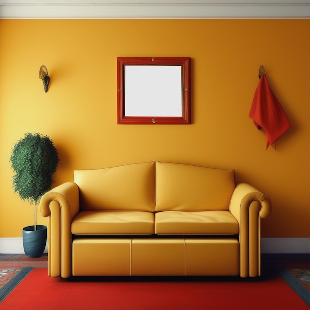 Un canapé jaune avec un cadre rouge et une photo rouge sur le mur.