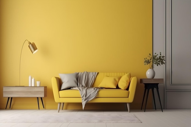 Un canapé jaune dans un salon avec un mur jaune qui dit 'jaune'