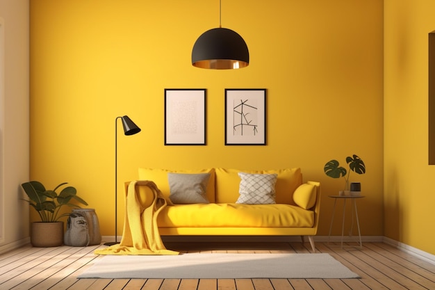 Photo un canapé jaune dans un salon avec une plante au mur.