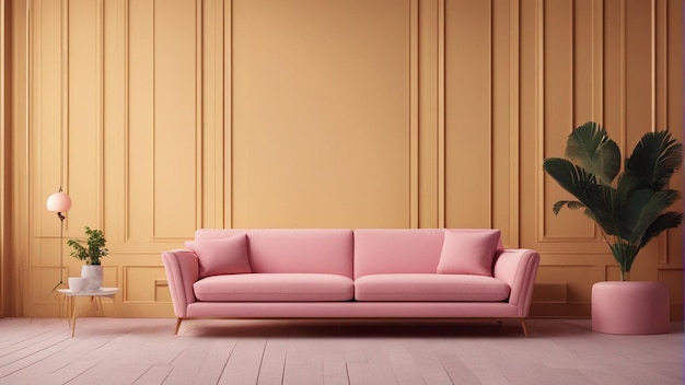 Un canapé jaune hyper réaliste avec fond mural rose 8k