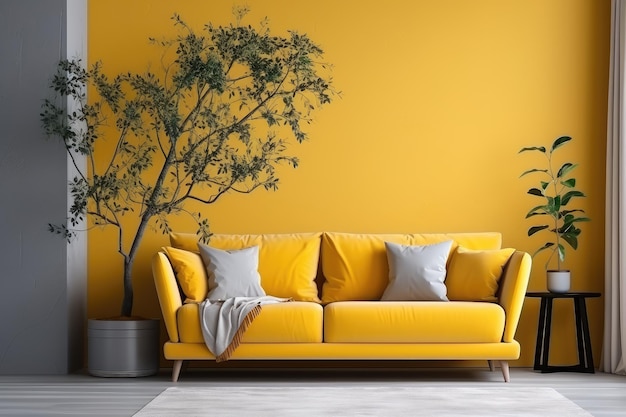 canapé jaune et mur blanc dans la photographie publicitaire du salon moderne