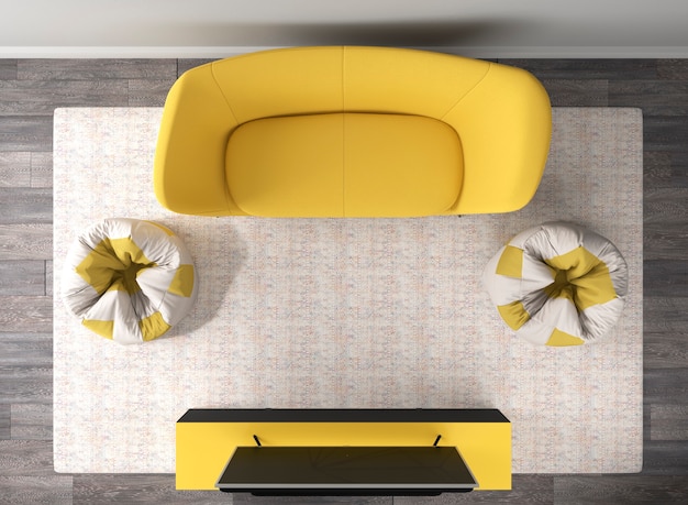 Canapé jaune et poufs avec vue de dessus TV