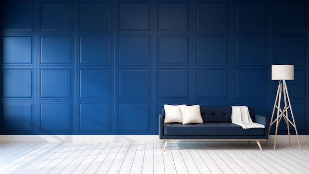 Canapé avec lampe de sol par le mur bleu à la maison
