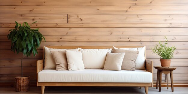 Photo canapé-lit dans une pièce avec mur en bois