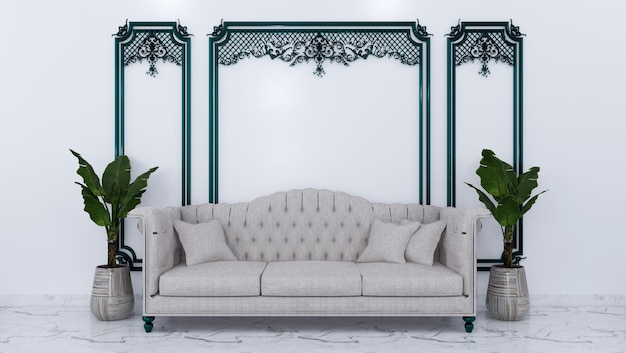 Canapé de luxe rendu 3d avec un style de toile de fond classique et 2 plantes d'intérieur