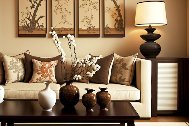 Canapé marron doux dans le salon japonais avec de beaux vases décorés