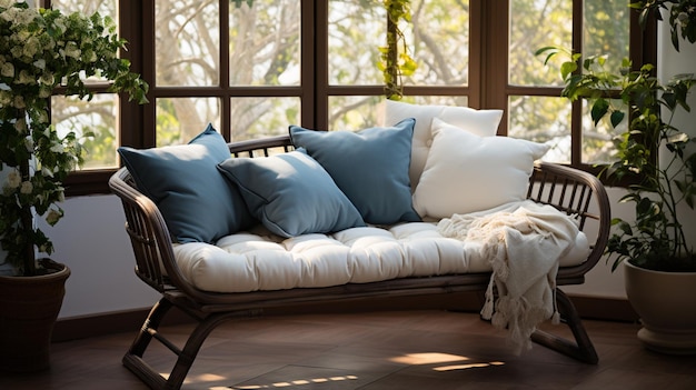 canapé meublé avec oreillers et couvertures devant une fenêtre IA générative